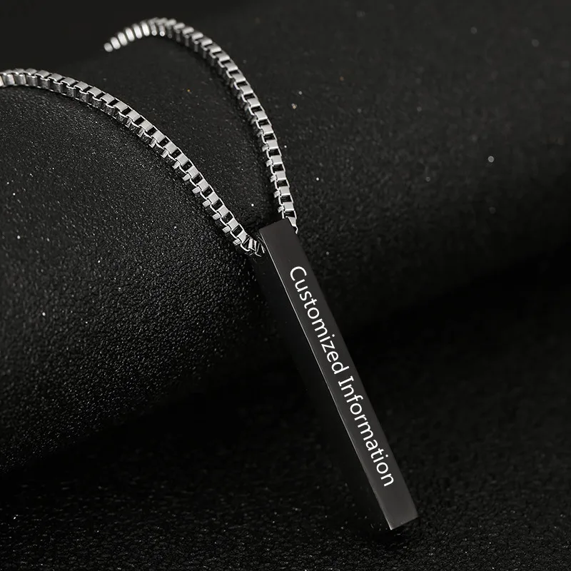 Four Sides Engraving Personalized Square Bar Custom Name Necklace Stainless Steel Pendant Cuboid Necklace For Women Men Gift