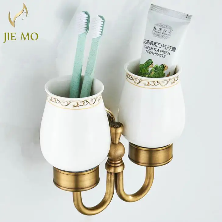 Wall Mount Antique Double Cup Holder Brass+Glass Bathroom Accessories Cup Tumbler Holders, Toothbrush Cup Holders F8308