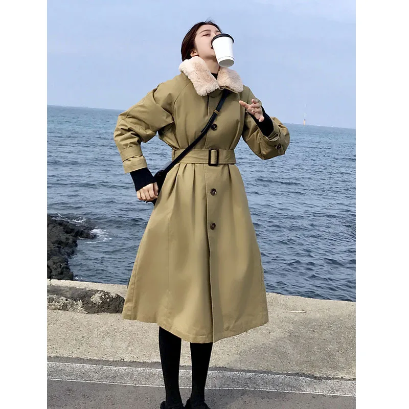 

Winter padded coat plush lapel middle length padded coat female Korean style waist thickened quilted windbreaker jacket