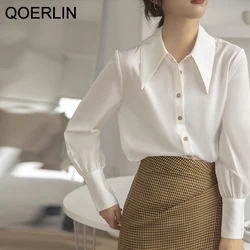 QOERLIN OL Stylish Satin White Shirt Elegant Formal Blouse Luxury Women Shirts Buttons Cuff Long Sleeve Office Tops Black Blouse