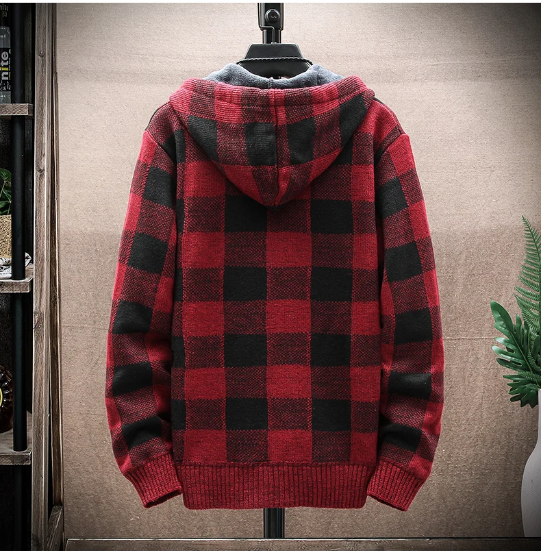 Männer Neue Winter Plaid Pullover Mit Kapuze Strickjacke Kalten Mantel Wolle Zipper Jacke Herbst Fleece Warme Kleidung Karierten Stricken Jumper – Detail 4
