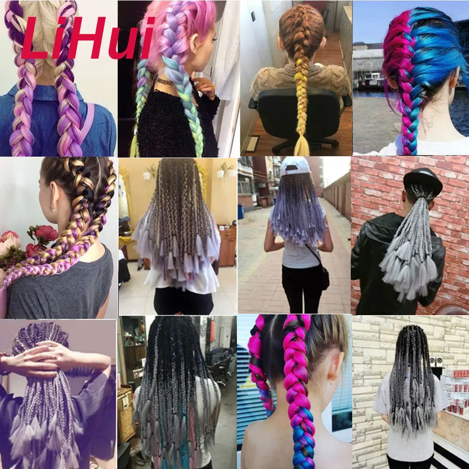Trenza jumbo Lihui de 24 pulgadas sintética para trenzar, extensión con efecto ombre para mujer, DIY, rosa, púrpura, amarillo, gris 6
