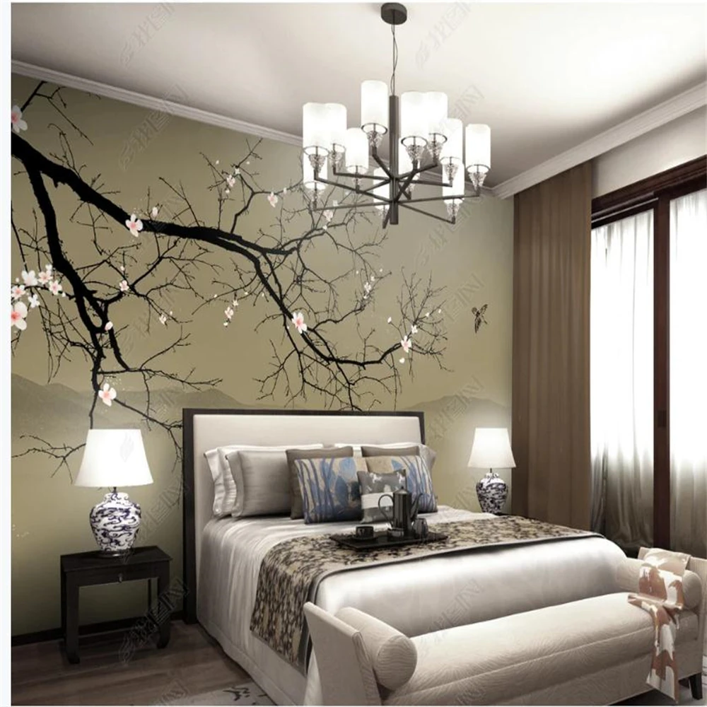 New Chinese style window mural wallpaper hand-painted plum blossom landscape wallpapers background wall decorative painting