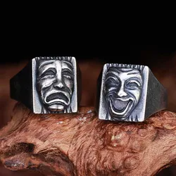 316L Stainless steel Men's Retro Gothic Biker Punk Vintage Ring Smile Face Mask Helmet Nordic Pagan Viking Jewelry Gift OSR263