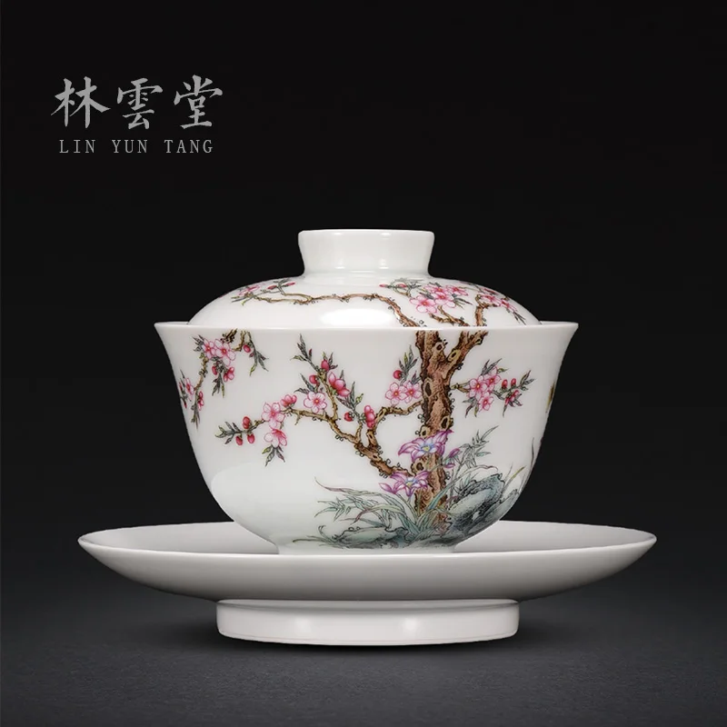 

Lin Yuntang's hand-painted bee, peach blossom, enamel, three talent bowls, Jingdezhen handmade ceramic kungfu tea cup