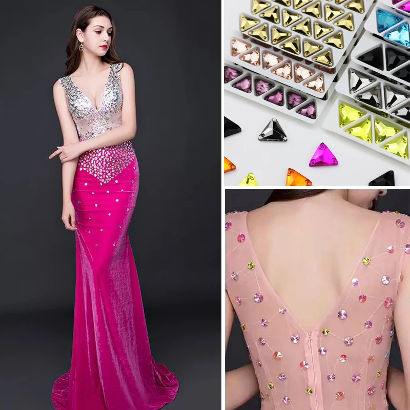 ALL Size All Color Sew on Rhinestone tri-angle colorful Glass Crystal Flatback Triangular Sew on Stone for wedding dress