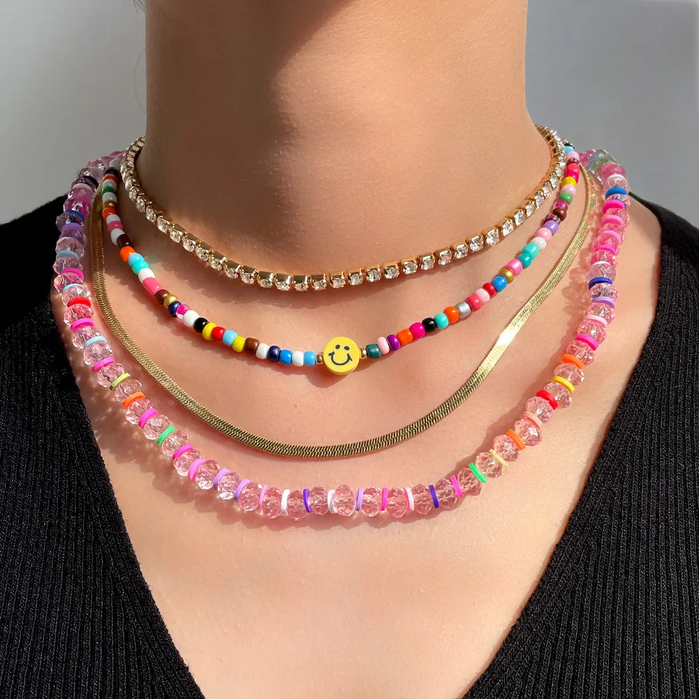 4 Pcs/Set Lovely Pink Crystal Beads Colorful Smile Face Beaded Necklace Rhinestone Choker Snake Chain Metal Layered Necklaces