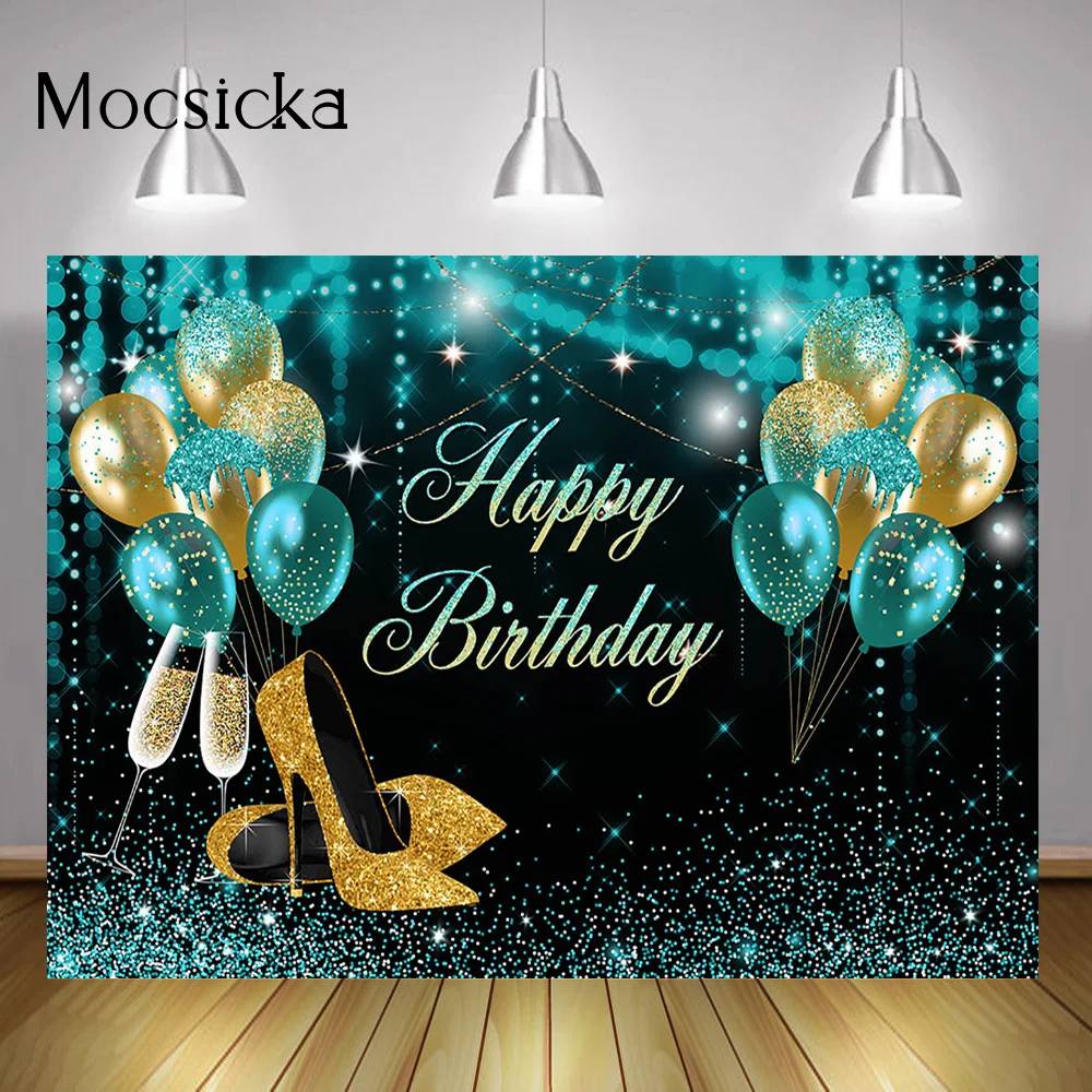 Blue Bokeh Adult Happy Birthday Backdrop Glitter Balloons Woman Birthday Party Banner Background High Heels Black Photography