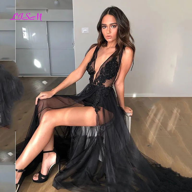 

Lace Evening Dress Formal Wear High Split A-Line Prom Gowns See Through Long Evening Party Dress