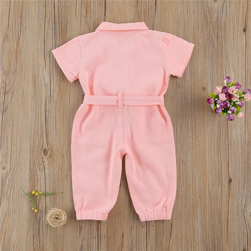 1-6Y Kids Baby Girls Denim Jumpsuit Work Clothes One Piece Toddler Turndown Collar Pocket Short Sleeve Romper for Children