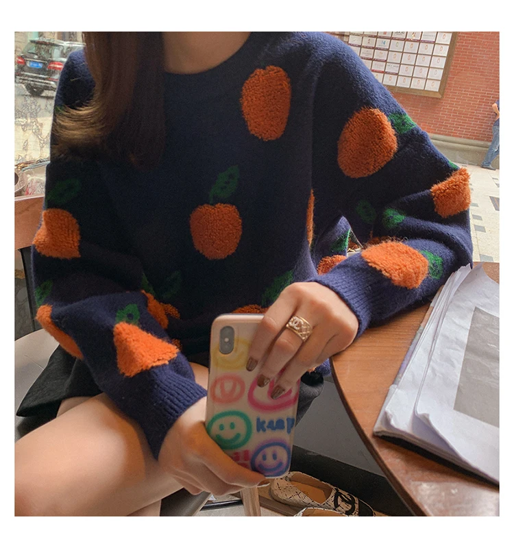 Winter Women Vintage Sweater Thick Warm Knit Pullovers Christmas Colorful Long Sleeve Orange Printed Knitted Casual Loose Top