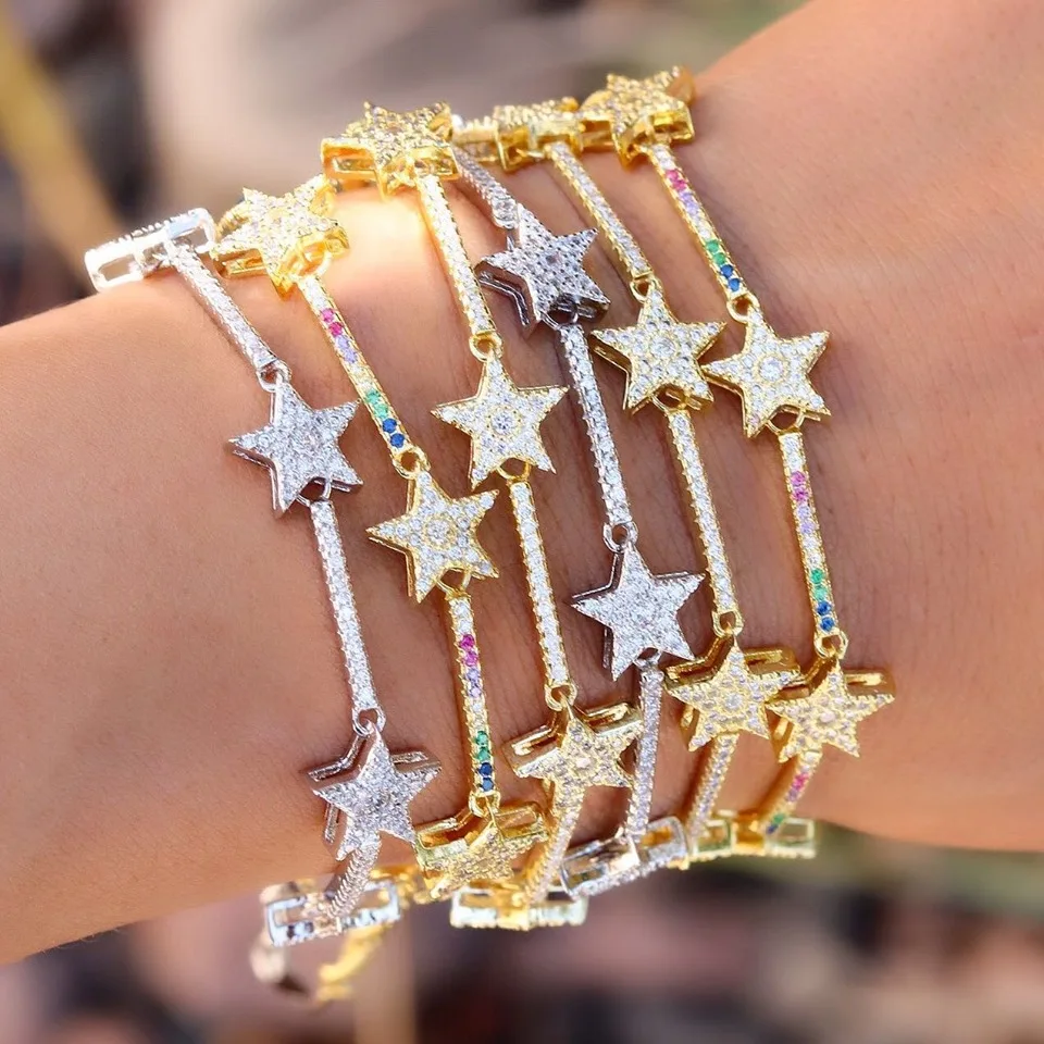 New Star Bar Link Chain Bracelet Tennis Chain Paved Tiny Sparking Shiny CZ Stone Stars Bracelets For Women Simple Jewelry Party