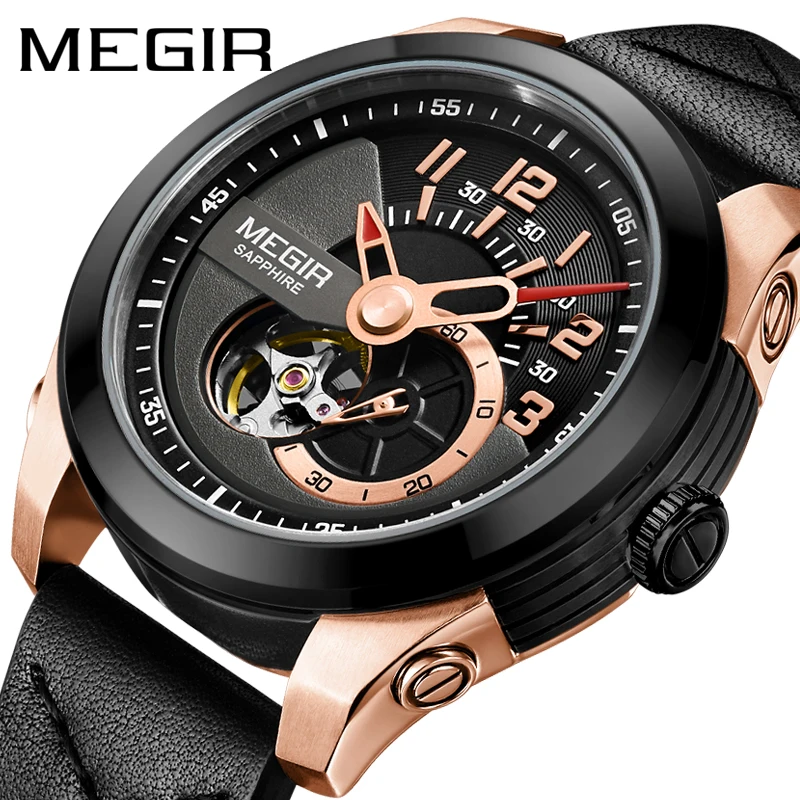 MEGIR Men\'s Fashion Leather Strap automaticl mechanical Watches Fashion Waterproof Analogue saphire crystal Wristwatch for Man