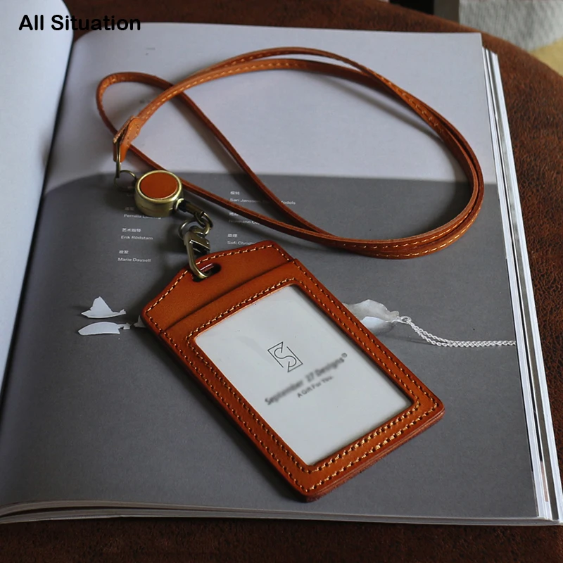 Luxury Vertical Identity Badge Holder Neck Lanyard For Office Work Genuine Leather ID Bus Card Set Elastic Easy Pull Buckle Tag