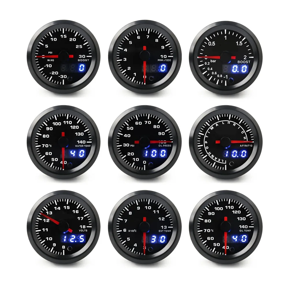 

2" 52mm 7 Colors LED Dual Display Boost Water Oil temp Oil pressure Voltmeter Air fuel Ratio EGT Tachometer Car Gauge