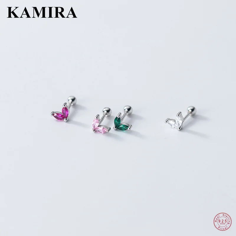 

KAMIRA Real 925 Sterling Silver Cute Luxury Colorful Zircon Leaf Bead Piercing Stud Earrings for Women Small Mini Unique Jewelry