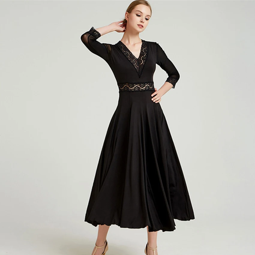 

Waltz Ballroom Competition Dress Standard Dance Performance Stage Costumes Women Evening Party Gowns Half Sleeve V Neck