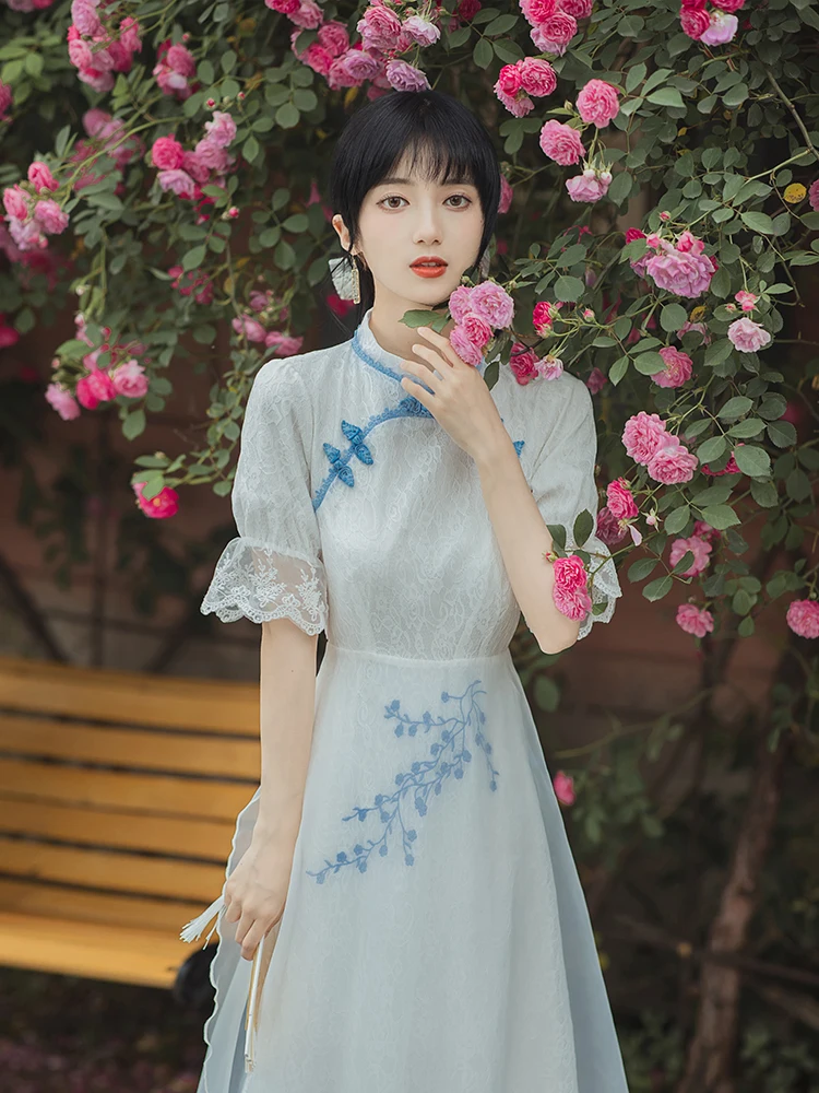 Fairy Dress Embroidery Gentle Retro Midi Dress Cheongsam 2021 Women Summer Flared Sleeve Lace Romantic Sweet Dress