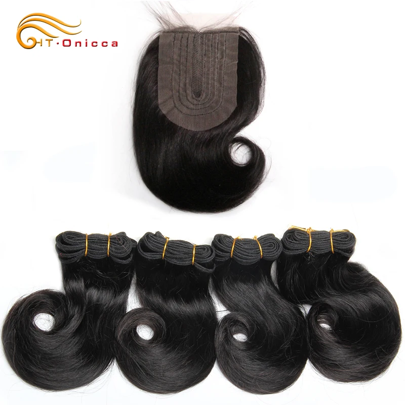 Bundel Rambut Keriting Alami dengan Penutup 4X1 Penutup Renda Pendek Rambut Manusia Brasil Bagian Tengah Penutup 200G/Set Bundel Keriting