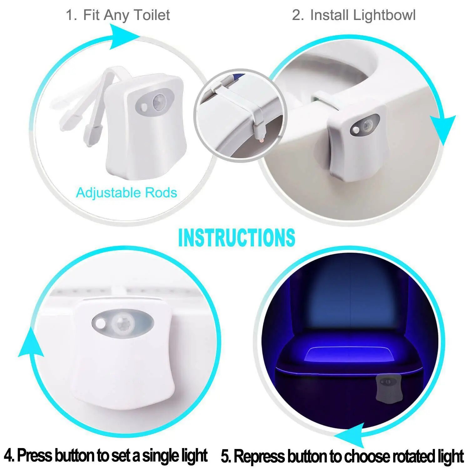 Luz Nocturna inteligente para asiento de inodoro, Sensor de movimiento PIR, luz de fondo impermeable para tazón de inodoro, lámpara Luminaria LED, 8