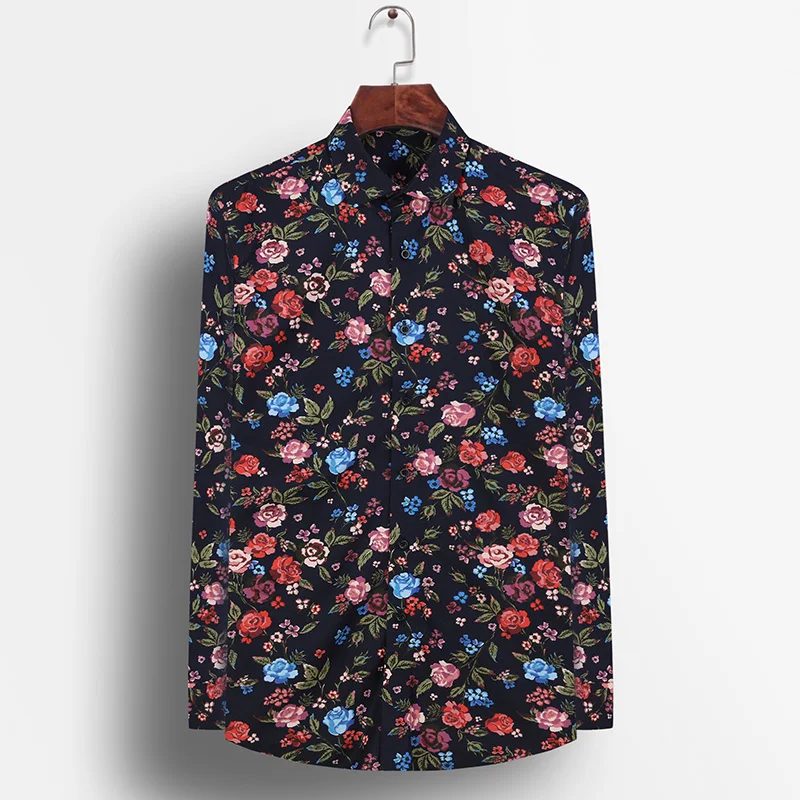 Men Floral Printing Shirt High Quality Casual Fashion Long Sleeve Printed Flower shirts Dress Slim Fit