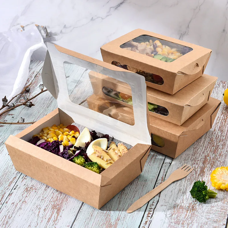 

25pcs Kraft paper salad box disposable noodle food packaging boxes lunch box takeaway packaging pinic box with clear window