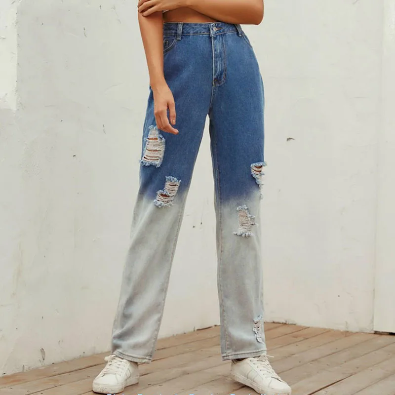 Pantalon Vintage Holes High Waist Straight Jeans Pant for Women Streetwear Loose Female Denim Jeans Zipper Ladies Jeans 10521