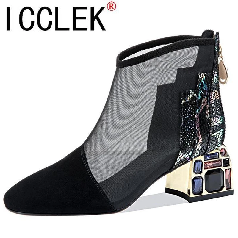 2020 NEW Mesh Sandals Boots Women Mesh Ankle Boot for Summer Mid Heel Rhinestone Ponited Toe Shoes Hollow Out Back Zip Black