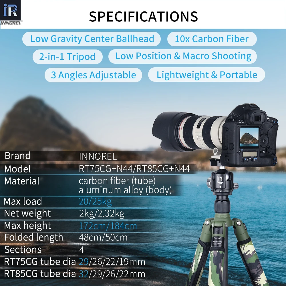 Imagem -02 - Fibra de Carbono Camuflagem Tripé Monopé para Câmera Dslr Filmadora de Vídeo Profissional com Baixo Perfil Bola Cabeça Rt75cg 85cg