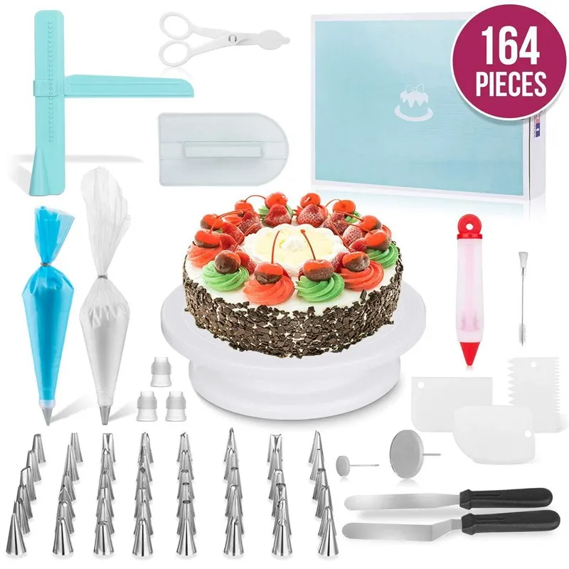 

164 piece cake turntable set cake scraper spatula nozzles for cakes baking tools for cakes piping bag cake decorating tools