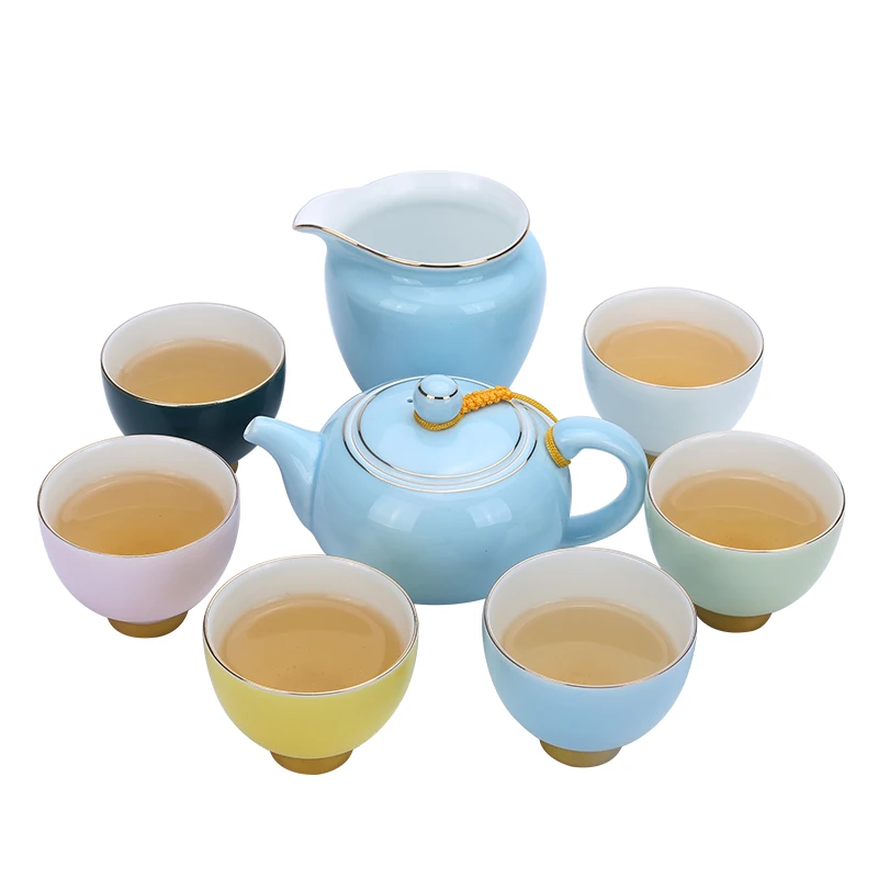 6 Tea cups +1 Teapot Whole Set Of Ceramic Tea Set Rainbow  color Tea cup Teapot Handmade Color Gold Thread Household Special Set