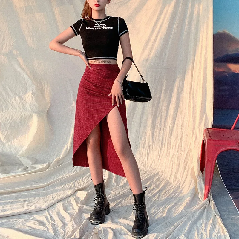 

2021 Summer New Dark Red Plaid Irregular Slit High Waist Bag Hip Skirt Mid-length Half-length Skirt Thin Bottom Women