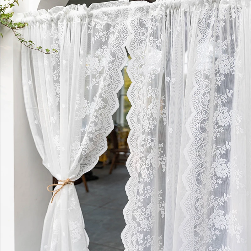 

Fairy Kitchen Short Lace Gauze Curtains Korean Wave Edge Solid White Cortinas French Pastoral Lace Window Drapes for Cafe House