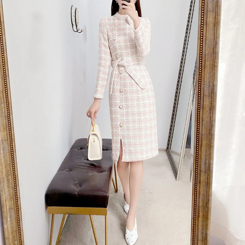 Bow Elegant Tweed Dress Women Stand Collar Slim Fit Plaid Dress New Autumn Long Sleeve Office Ladies Knee Length Split Dresses