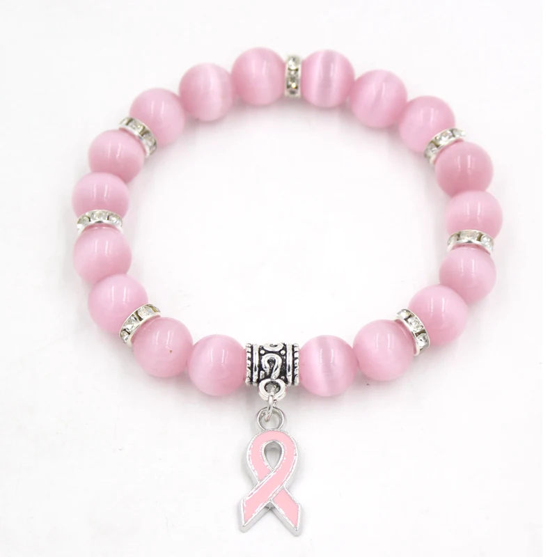 New Arrival Breast Cancer Awareness Jewelry White Pink Opal Beaded Bracelet Breast Cancer Pink Ribbon Charm Bracelets&Bangles