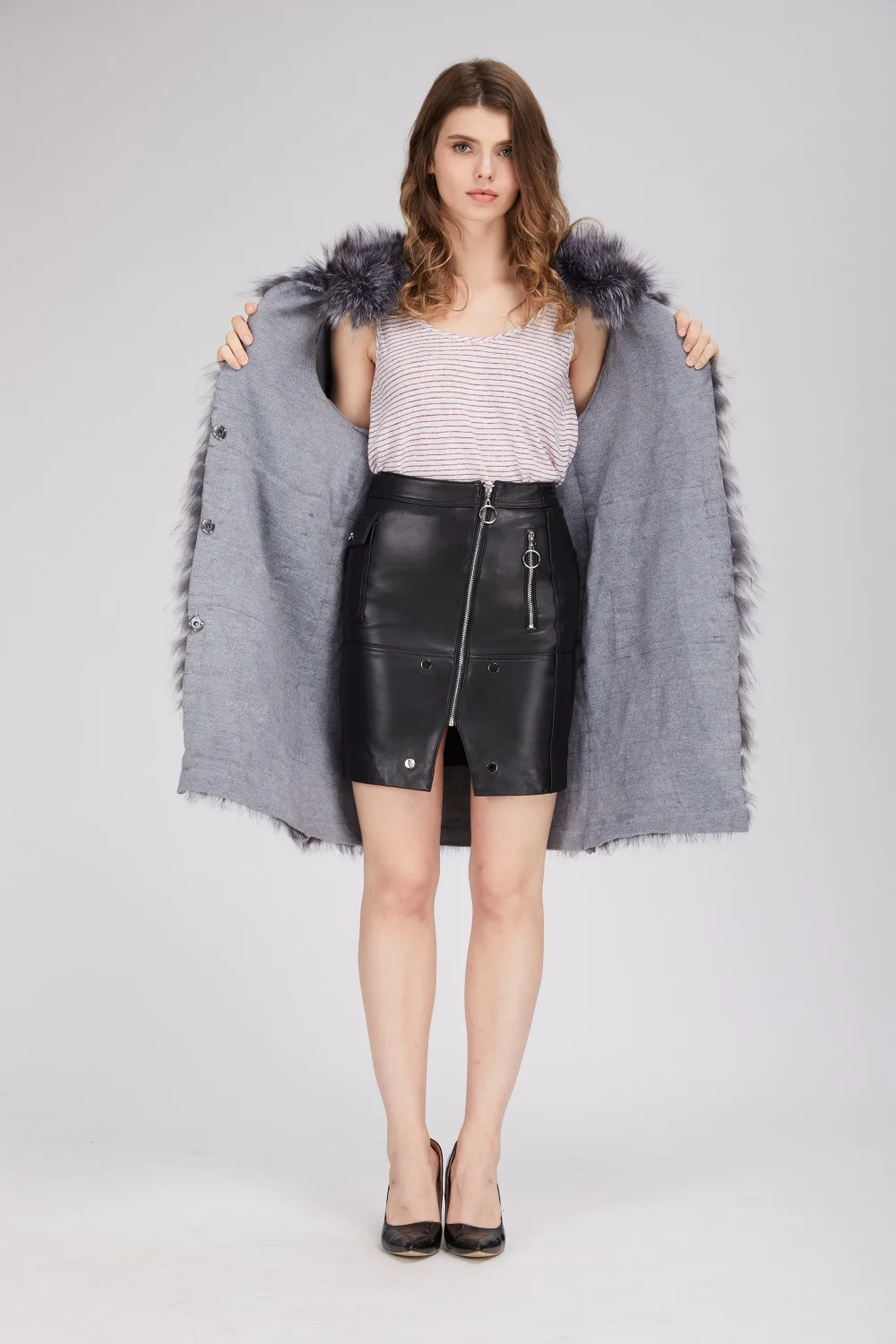 Women's Striped Real Silver Fox Fur Coat, Long Cardigen with Wool Lining, Big Size Clothes, Elegant Outwear, Spring, Lux18A09164