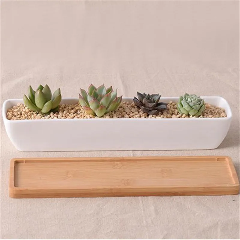 Long Rectangle White Ceramic Succulent Planter Pot with Bamboo Tray Small Cactus Plant Pots Holder Bonsai Flowerpot Home Decor