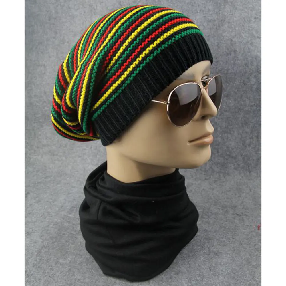 New Stylish Bob Marley Reggae Hat Jamaican Pom Slouch Baggy Beanie Stripe Brim Cotton Winter Warmer Visor Stripe Cap 2022