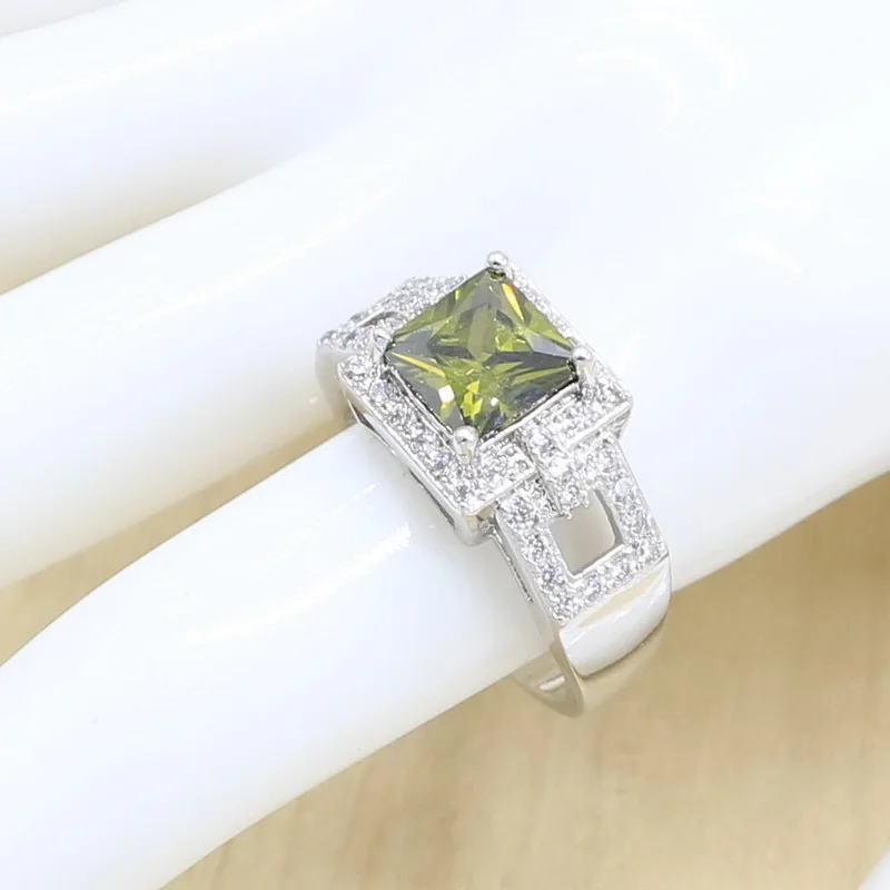 Olive Peridot Zircon Silver 925 Jewelry Set for Women Bridal Bracelet Long Earring Necklace Pendant Ring Birthday Gift