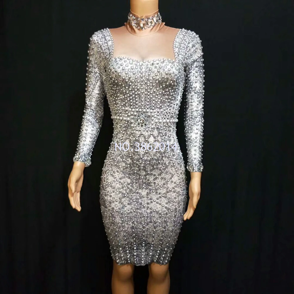 

Sparkly Pearl Rhinestones Dress Women Birthday Celebrity Prom Party Night Outfit Long Sleeve Graceful Bodycon Dresses Stage Wear