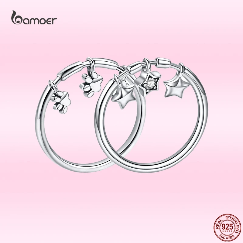 Bamoer Cute Dog Paw Tiny Pendant Ring for Women 925 Sterling Silver Heart Shape Ring Star Ring Fashion Wedding Jewelry GXR215