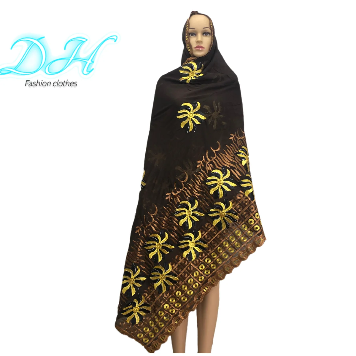

2021 African Muslim Women Turban Embroidery Soft 3 Color Matching Dubai Cotton Scarf Islamic Pray Cotton Shawls HB103