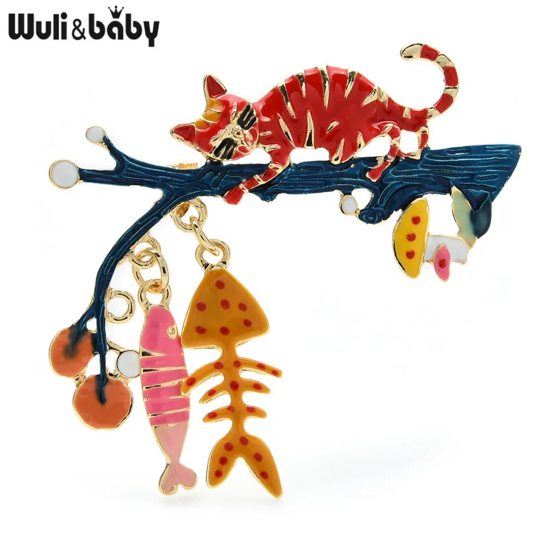 Wuli&baby Enamel Cat Brooches Women Cute Animal On Tree Eat Fish Party Causal Brooch Jewelry Gifts