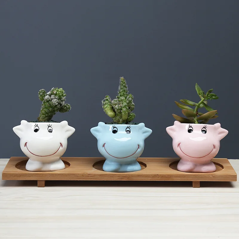 

Creative Ceramic Cows Flowerpot with Bamboo Tray Simple Succulent Plant Container Green Planter Small Bonsai Pot Home Decoration