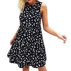 Summer Women Sundress O Neck Dots Print senza maniche orlo grande abito allentato al ginocchio per ufficio abbigliamento donna muslimexmuslimate 2021