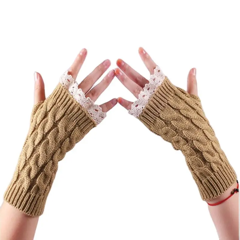 

Women Autumn Winter Keep Warm Thicken Half Finger Fingerless Knitting Wool Lace Gloves Japanese Style Cute Lovely Plus Fleece