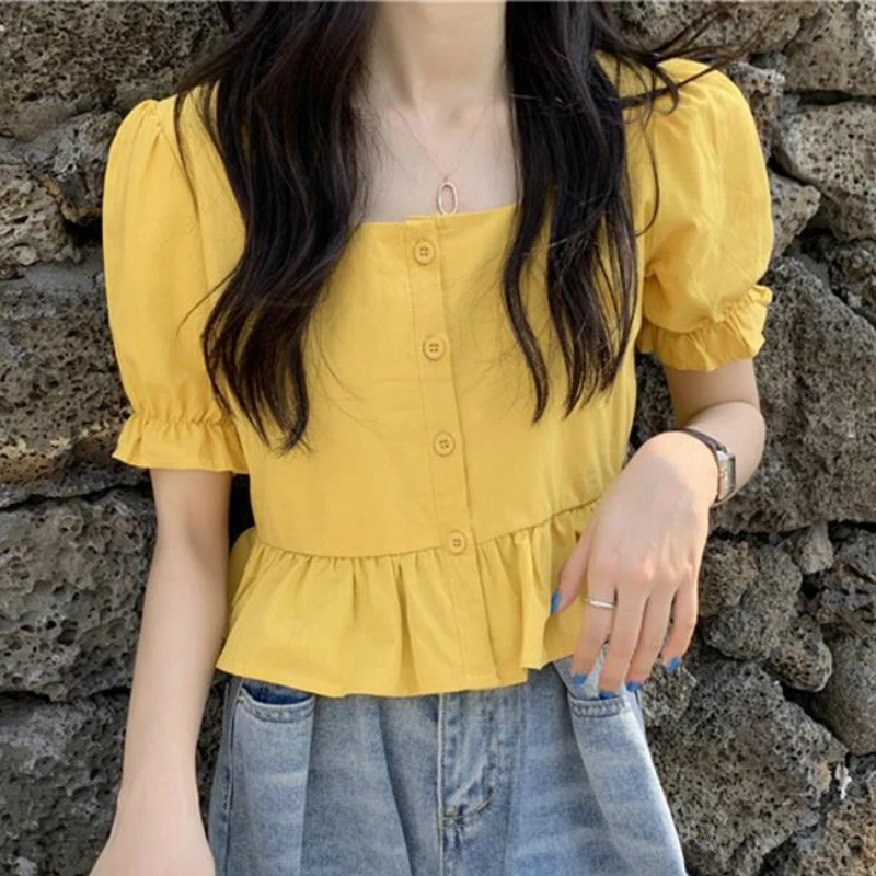 Blouses Women Lovely Ruffles Hem Ulzzang Puff Sleeve Design Ladies Crop Top Trendy Square Collar Holiday All-match Girls Blouse