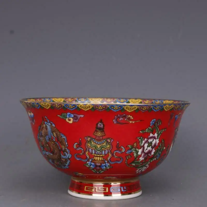 Chinese Famille Rose Porcelain Red Glaze Auspicious Design Bowl