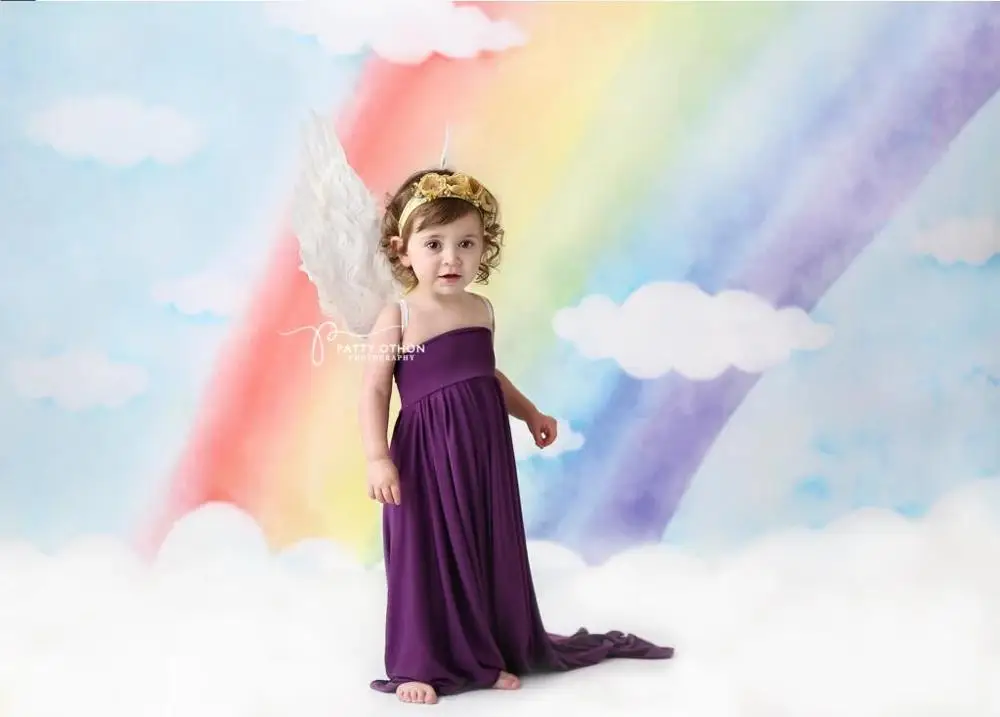 Rainbow-Newborn Baby Portrait Backdrops Blue Sky White Cloud Background Girls Milestone Birthday Cake Smash Photo Studio Prop