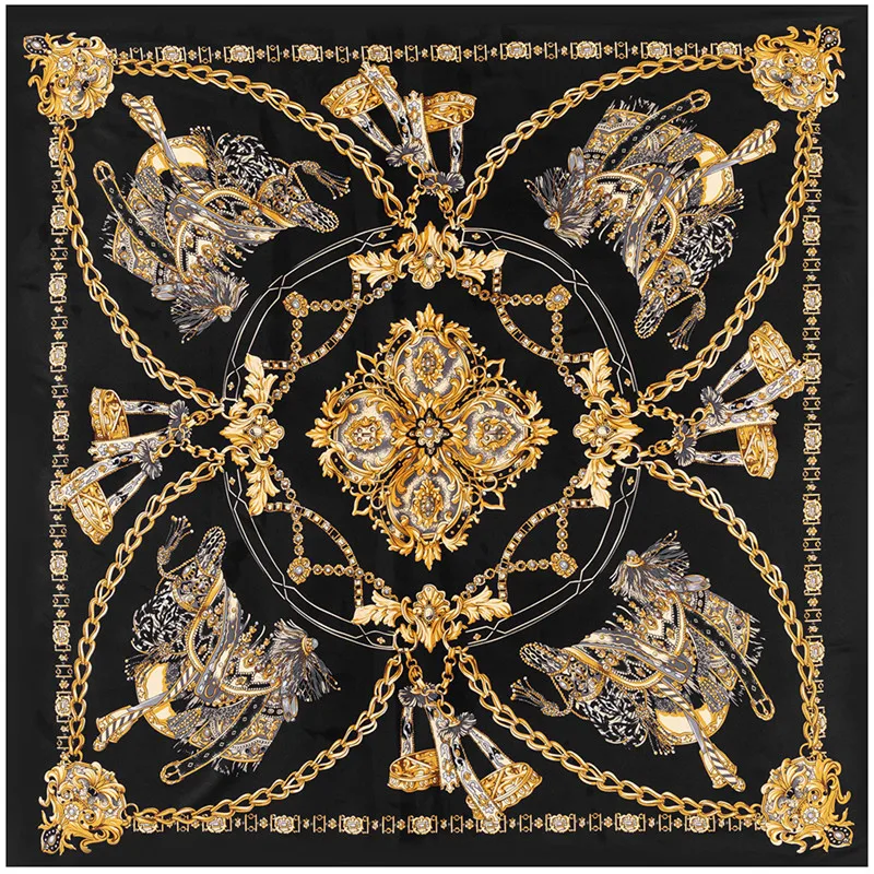 POBING Silk Scarf Women Large Shawls Saddle Chain Stoles Square Bandana Luxury Kerchief Hijab Scarf Female Foulards 130CM